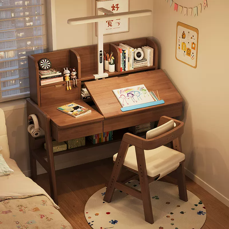 儿童学习桌家用可升降实木书桌小学生写字专用课桌子椅子灯桌一体