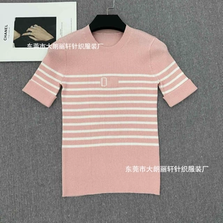 南油高定针织短袖d家时尚宽松薄款明星同款上衣条纹高档套头衫