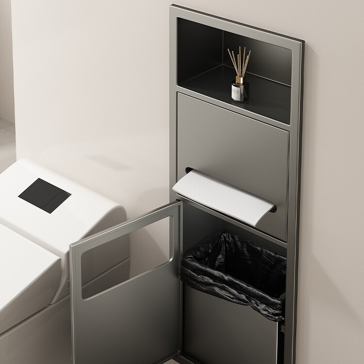 Built-In Toilet Paper Holder, Bathroom Trash Can, Decorative Storage Shelf with Door