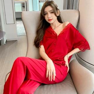 夏季睡衣女短袖（冰雪丝）绸缎性感开衫韩版夏天薄款冰丝套装三色