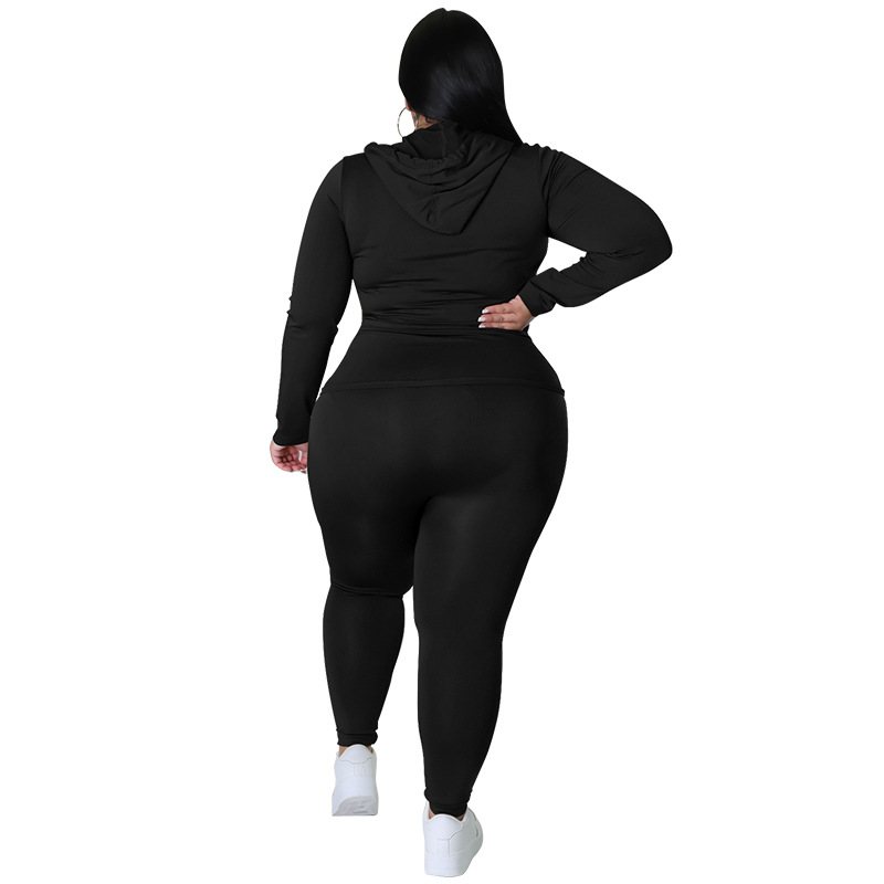 Plus Size Women's Clothing Solid Color Hooded Long Sleeve Fashion Casual Set Autumn Wear_ecoleips.com