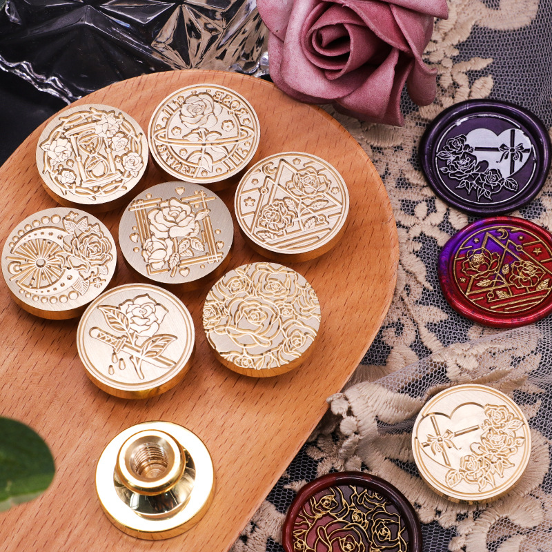 Cabezal de sello de pintura de fuego europea, serie de jardín de rosas, pintura de fuego, cabeza de cobre, sobre, cera de sellado, producto terminado, cabezal de impresión de imagen listo
