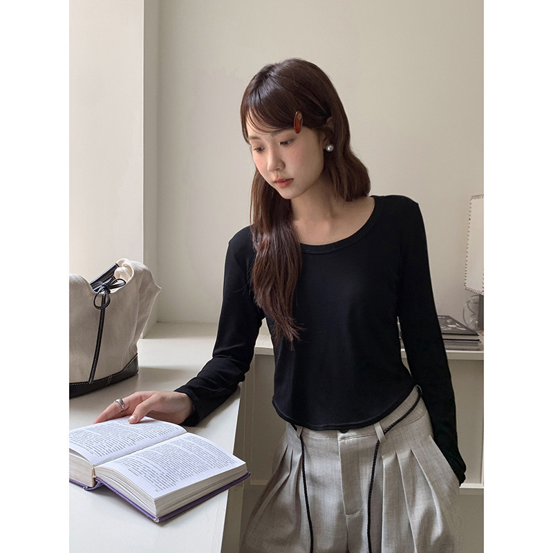 【素色心情】歌铭韩系U领螺纹长袖T恤秋季新款通勤打底上衣W445C|undefined