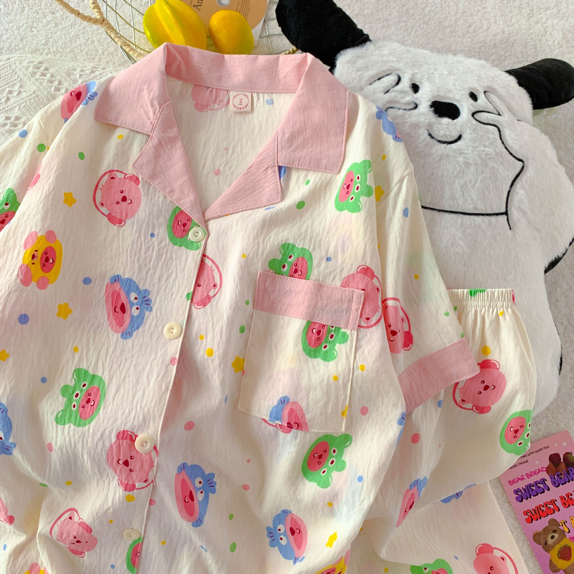 Pequeño libro rojo recomienda verano nuevo pijama de mujer nubes de algodón con solapa cardigan de manga corta pantalones cortos dulces dibujos animados ropa para el hogar