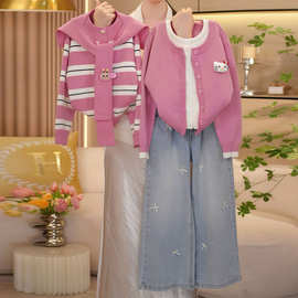 女童海军领针织开衫牛仔裤套装春秋2025新款甜美条纹毛线外套上衣