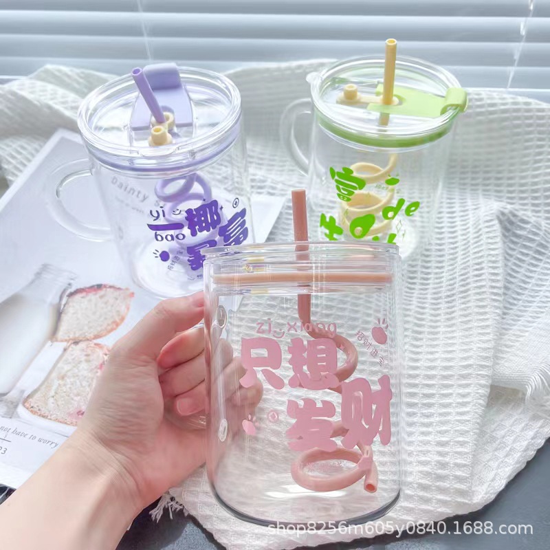 800ml 유리컵 손잡이컵 뚜껑과 빨대 포함 여성용 사무실 물컵 가정용 컵 빨대컵 주스컵