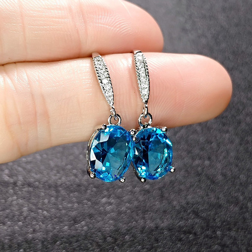 Cross-border supply wholesale imitation aquamarine ear hooks temperament egg-shaped sapphire earrings inlaid with zircon aquamarine ear hooks