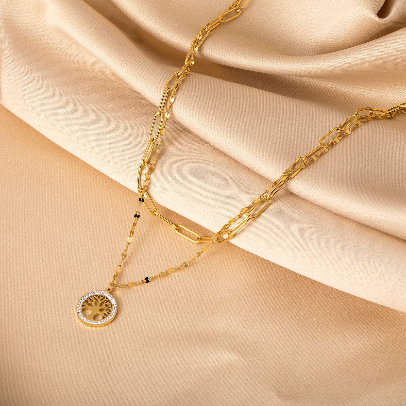 New  golden Multi-Layered  Pendant devil’s eye Tree Four-Leaf Clover Stainless Steel Necklace