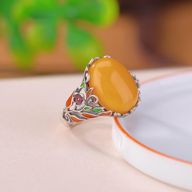 Nhẫn bạc S925 phong cách retro họa tiết men lá mặt trứng, khí chất hoang dã — Bạc 925