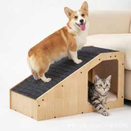 跨境宠物爬梯带猫咪一体式家用辅助台木质宠物爬梯坡道狗狗木梯