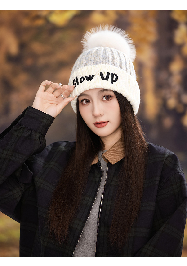 Gorro de lana de punto con bordado de letras inglesas, versátil, bonito y cálido, ideal para otoño e invierno. Con pompón. Estilo coreano._voghion.com