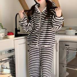 实拍2024冬季简约睡衣条纹加厚毛绒连帽拉链长袖长裤套装家居服女