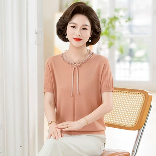 2026中老年女装夏季新款休闲减龄小衫妈妈夏装时尚短袖针织上衣服