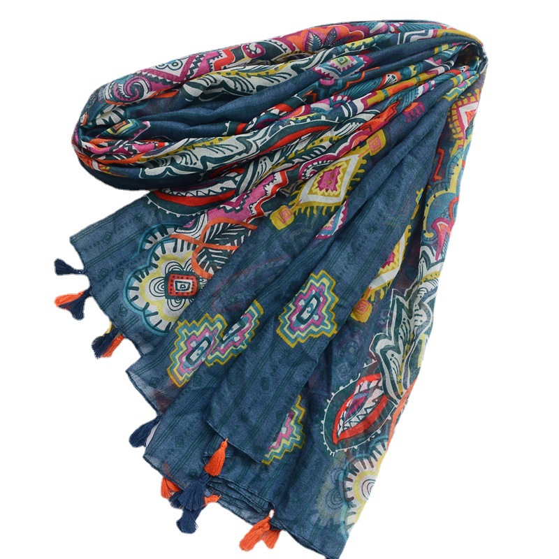 Moda europea y americana azul anacardo impreso bufanda exótica retro estilo étnico protector solar chal algodón y lino bufanda para mujeres