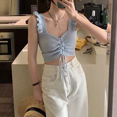 2023 new sling inner vest women's design niche summer outer wear beautiful back high waist navel-baring knitted top
