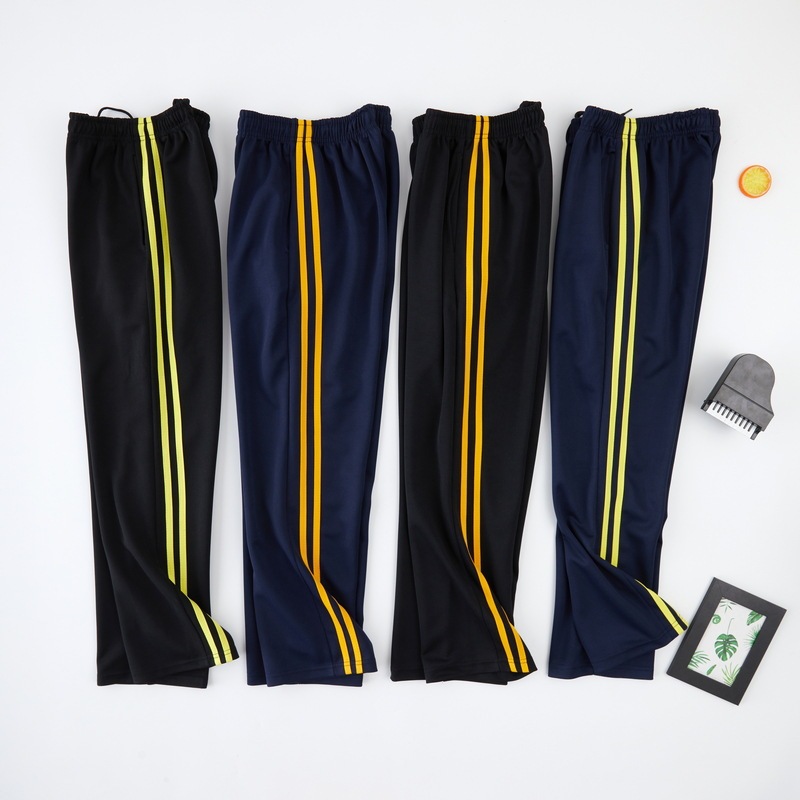 Dark Blue Two-Stripe Loose-Fitting Sports Pants for Middle and High School Students with Light Yellow Stripes, Children's School Uniform Pants, Straight-Leg Dark Blue Two-Stripe Loose-Fitting Sports Pants for Middle and High School Students with Light Yellow Stripes, Children's School Uniform Pants, Straight-Leg