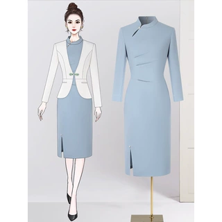 新中式套装复古盘扣旗袍两件套茶艺师养生馆酒店前台工作服女秋冬
