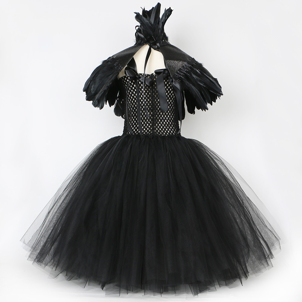 Ropa para niños Vestido de bruja maléfica Capa de plumas Disfraz de Halloween para niños Vestido de malla negro para niña gótica_voghion.com