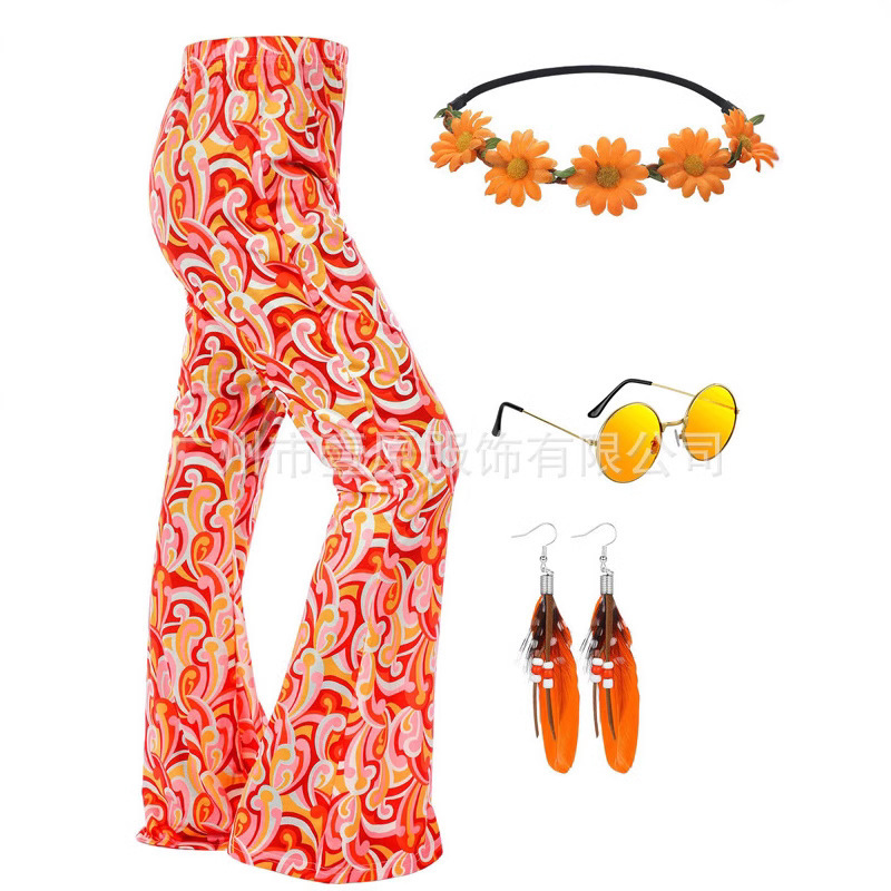 Cross-border European and American 2025 Amazon Spring and Summer New 80 s Hippy Retro Printed High Waist Flared Pants Trousers