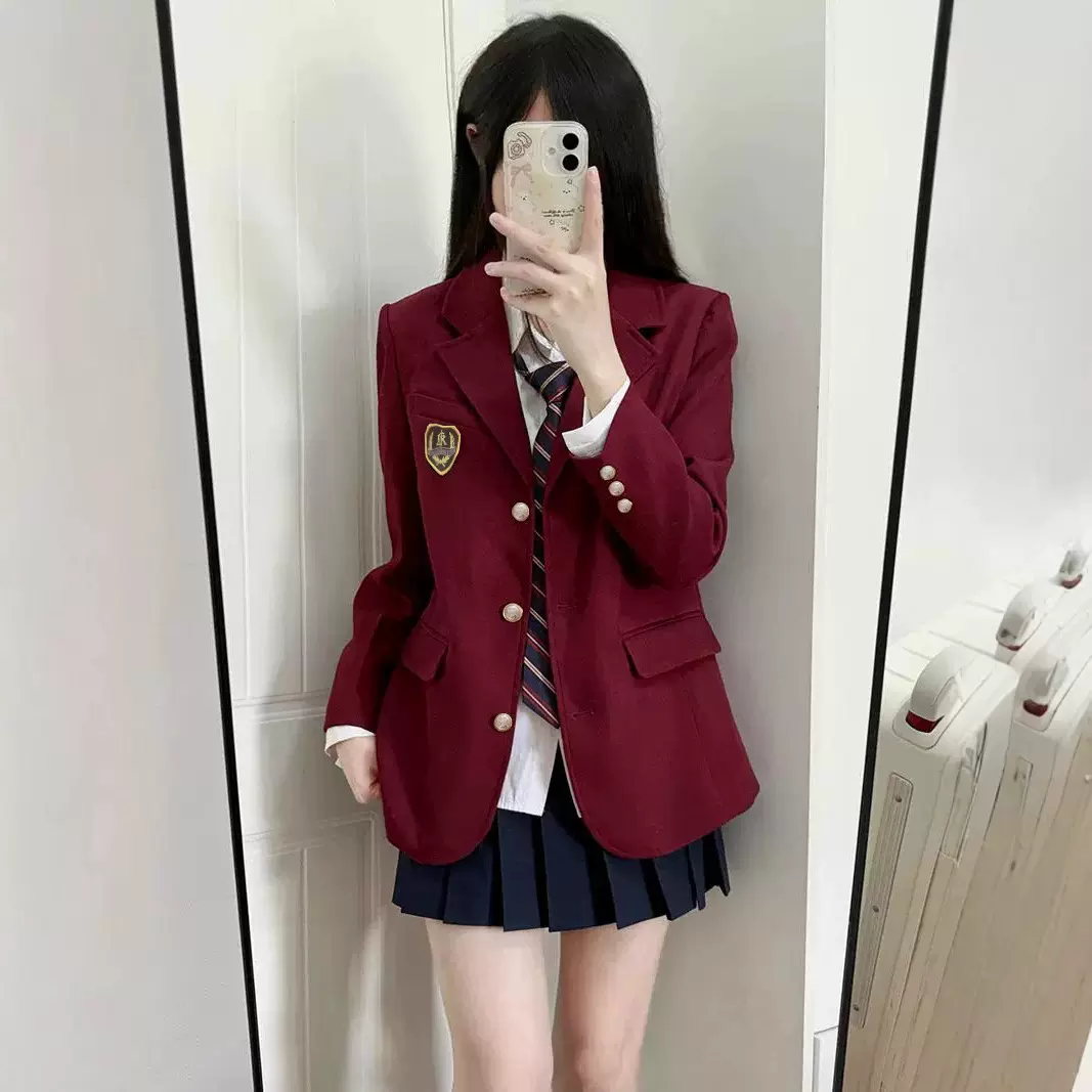西装外套女2025春秋季新款日系学院风制服徽章酒红色小西装上衣女
