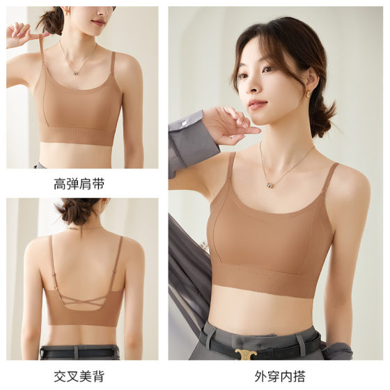Spring and summer 2025 new seamless back bra underwear women with chest pad fixed one-piece inside and outside wear tube strap sling