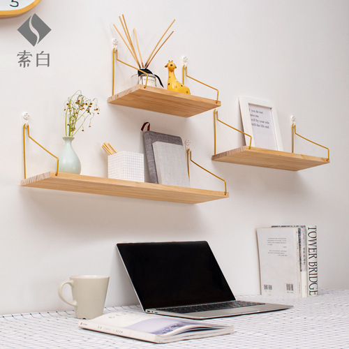 Nordic simple room decoration storage rack solid wood one-word partition wall storage rack wooden wall storage rack