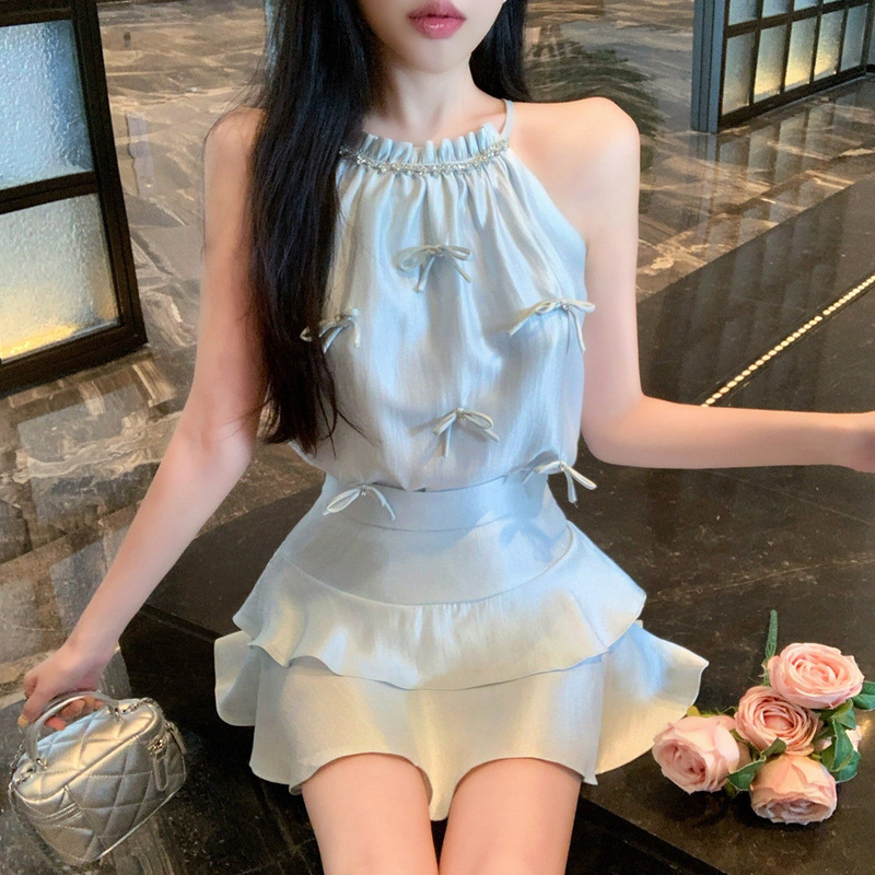 Sleeveless Halter Neck Tank Top for Women, Summer Elegant Set with Ruffled Tiered Short Skirt, Stylish Two-Piece Outfit Sleeveless Halter Neck Tank Top for Women, Summer Elegant Set with Ruffled Tiered Short Skirt, Stylish Two-Piece Outfit