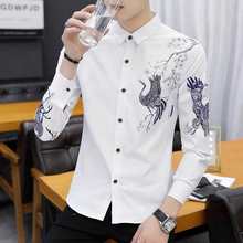 长袖衬衫男冬季新款加绒加厚潮牌个性印花衬衣保暖休闲白寸衫男士