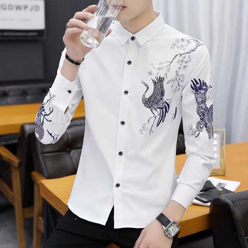 长袖衬衫男冬季新款加绒加厚潮牌个性印花衬衣保暖休闲白寸衫男士