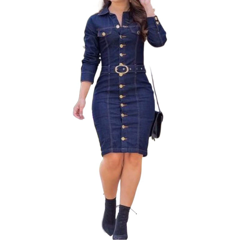Пикантное модное однобортное джинсовое платье богини в европейском и американском стиле с несколькими пуговицами и декоративными лацканами, длинным тонким длинным рукавом