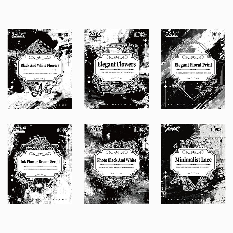 Flor Sueño Salmos transparente pegatinas impermeables para mascotas bolsas diy diario de mano material de decoración en blanco y negro elementos pegatinas de marco