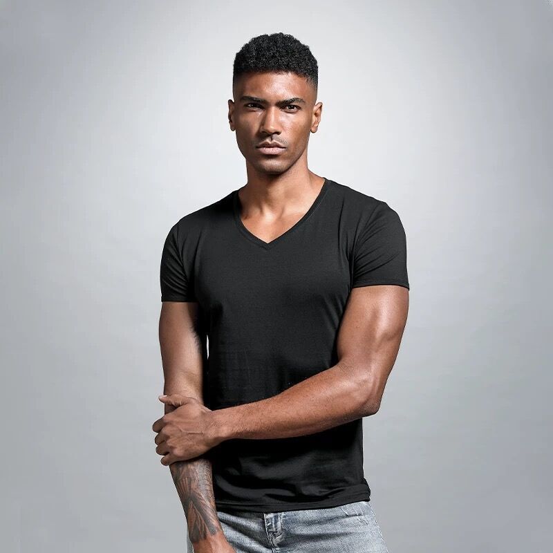 Summer Solid Color V-neck White T-shirt Tight-fit Large Size Base Shirt Men's Short-sleeve Chicken Heart Collar White T-shirt Inner Slim-fit Base