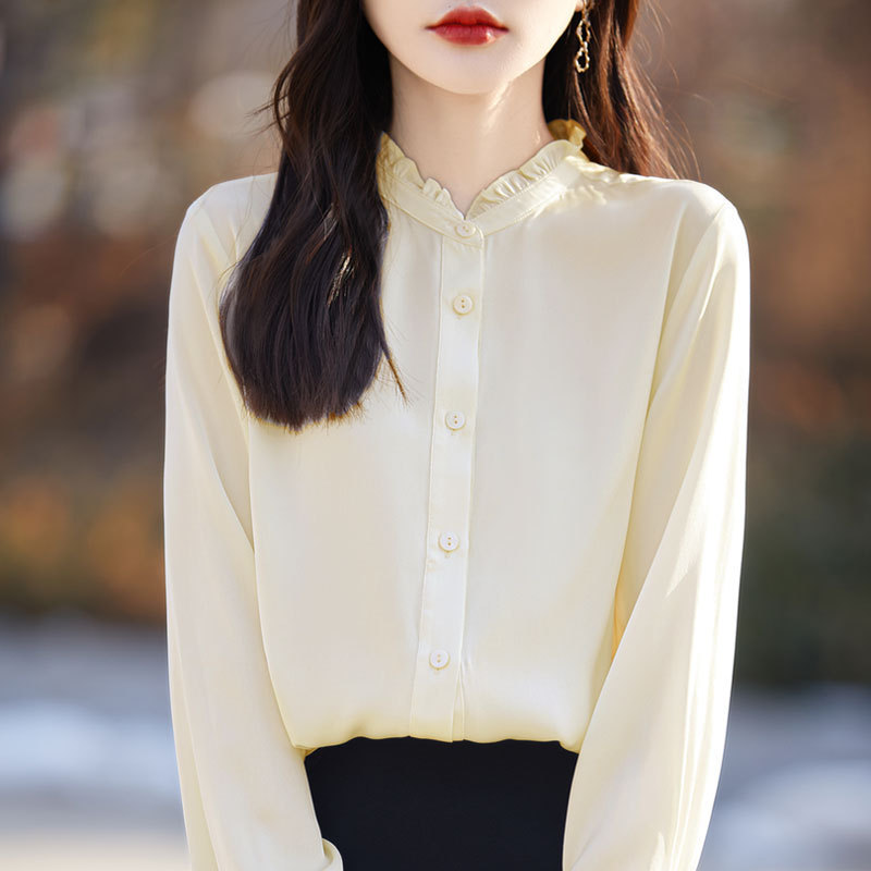 重磅真丝衬衣女2025春秋桑蚕丝时尚洋气衬衫气质立领木耳边上衣|undefined