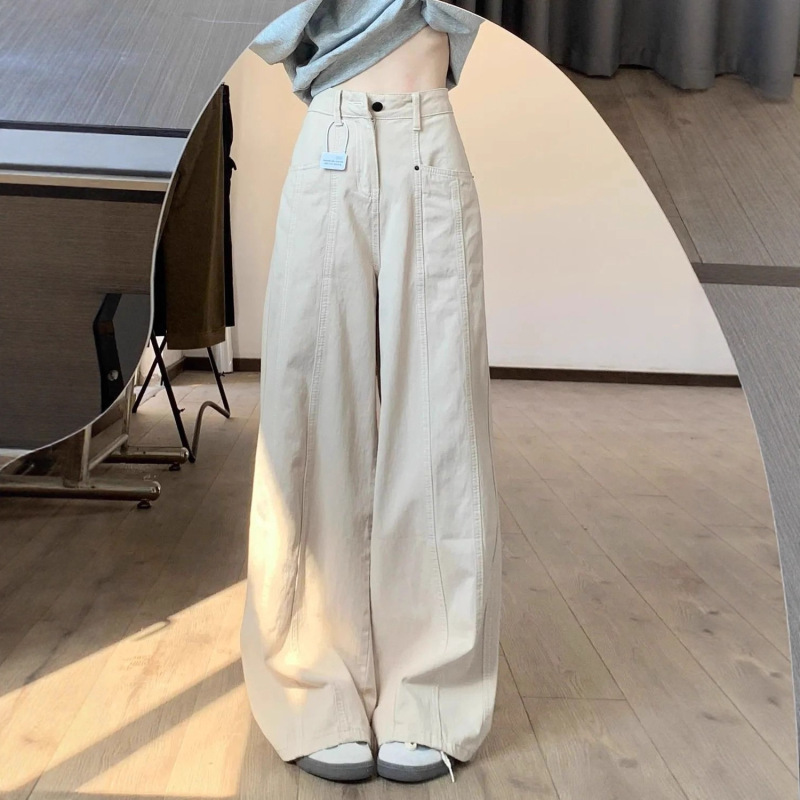 沙白色美式工装牛仔裤女高腰显瘦设计感2025秋季设计感直筒阔腿裤|undefined