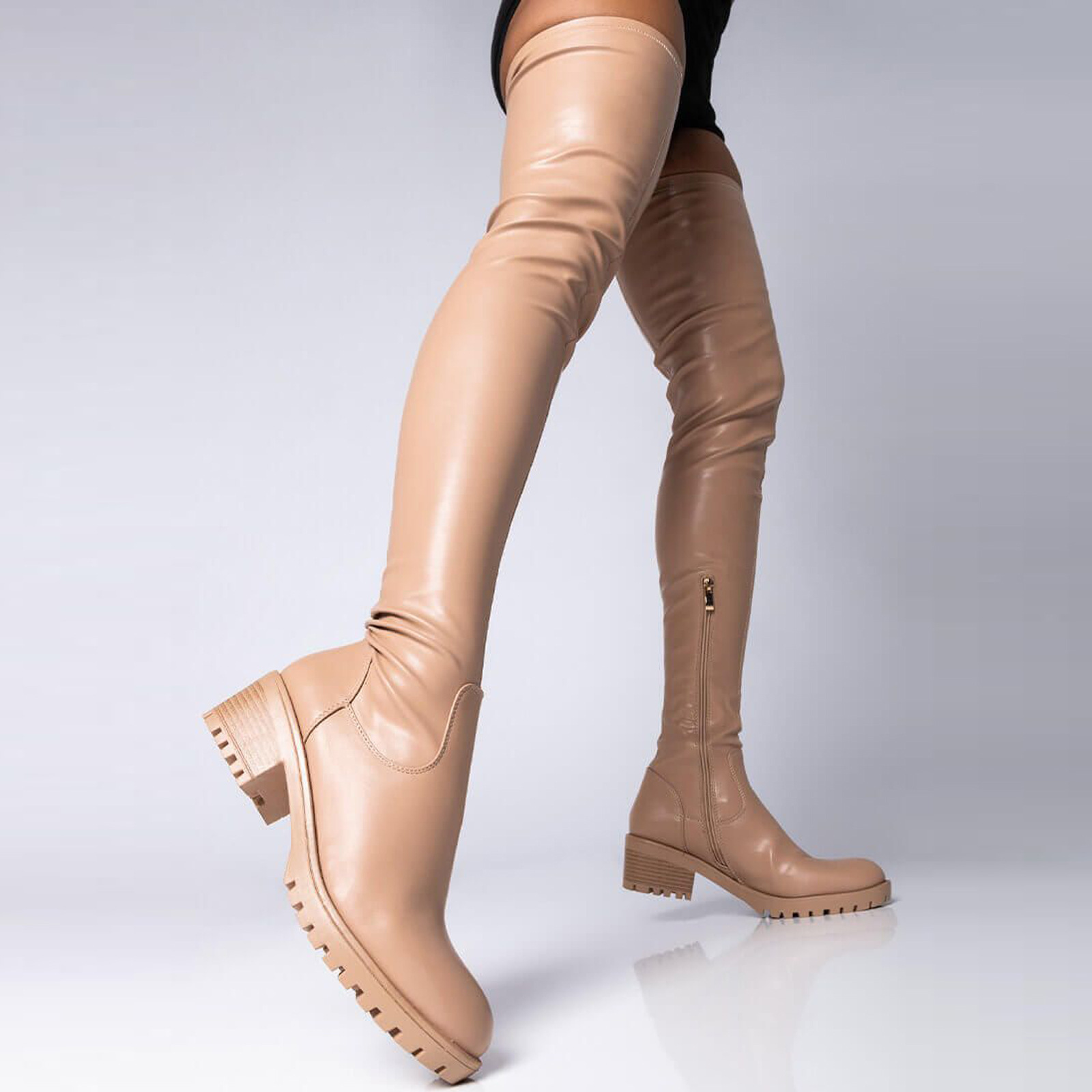 Women's Shoes mid heel retro round toe 40 43 zipper PU leather long boots women boots_voghion.com