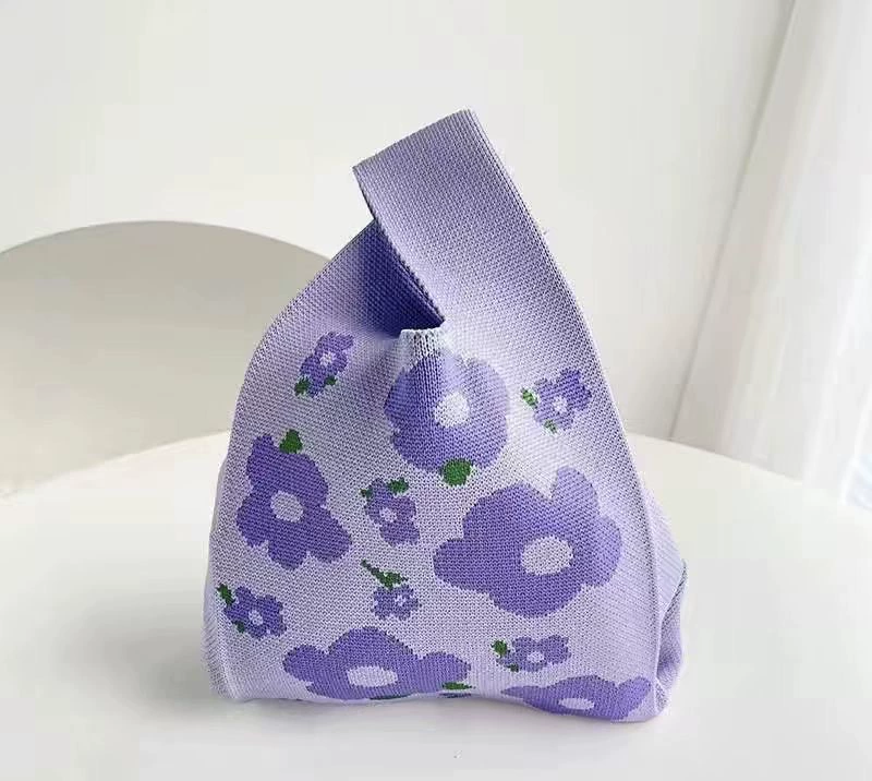 Вязаная сумка через плечо, японская и корейская, 20×36 см, цвета: розовый/фиолетовый с цветами