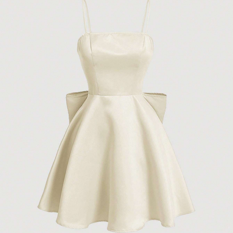 Women's European and American Style Large Bow Back-to-School Dress, Elegant Satin Spaghetti Strap Party Evening Gown
