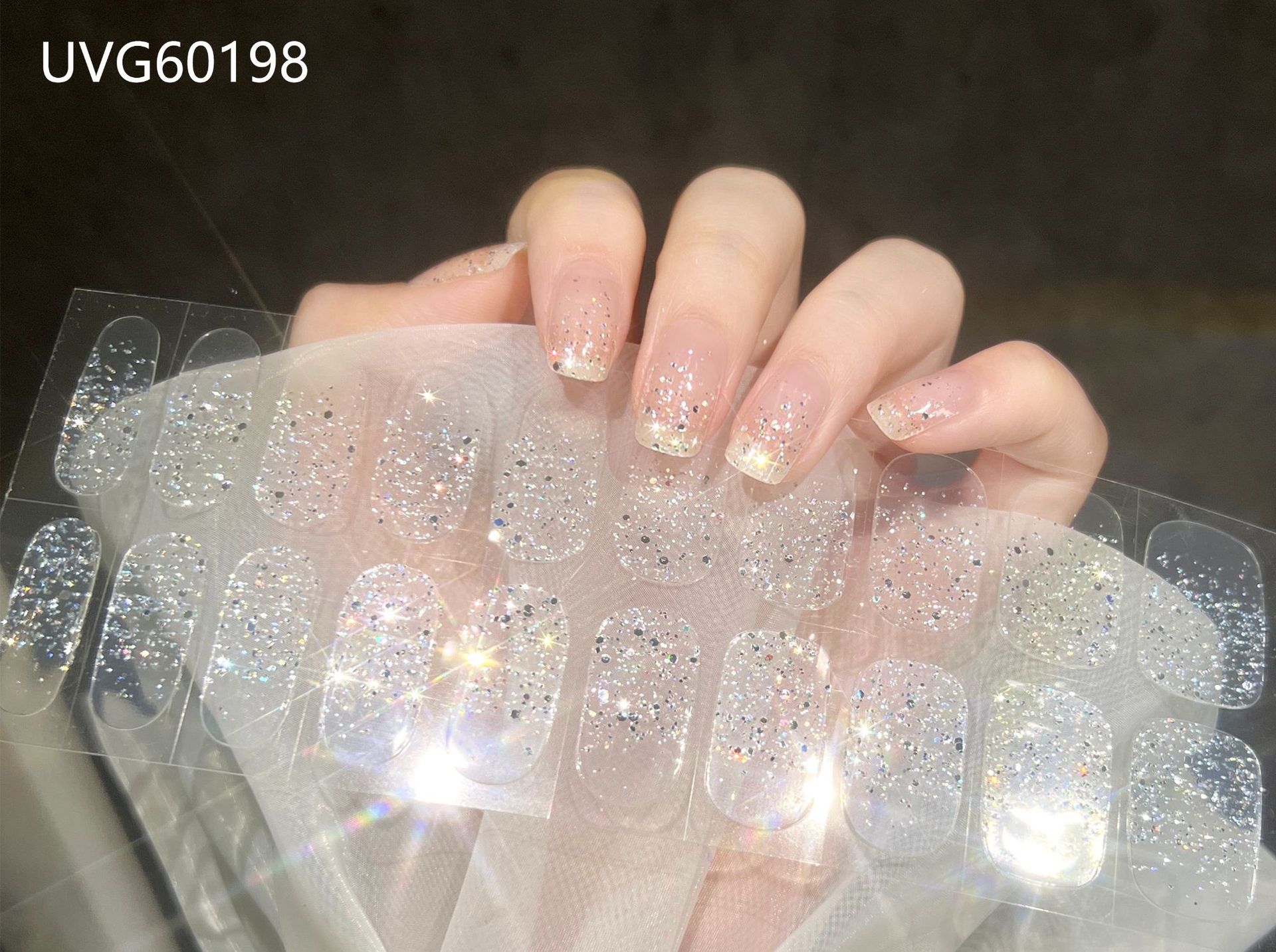 Pegatinas de uñas de gel UV transparentes efecto hielo, semicuradas, con lámina dorada, fototerapia, efecto película de aceite