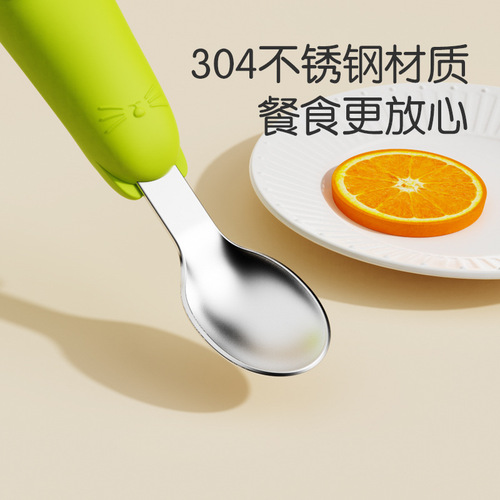 Stainless steel children's silicone spoon Baby eating training tableware Autonomous feeding short handle fork spoon feeding auxiliary spoon