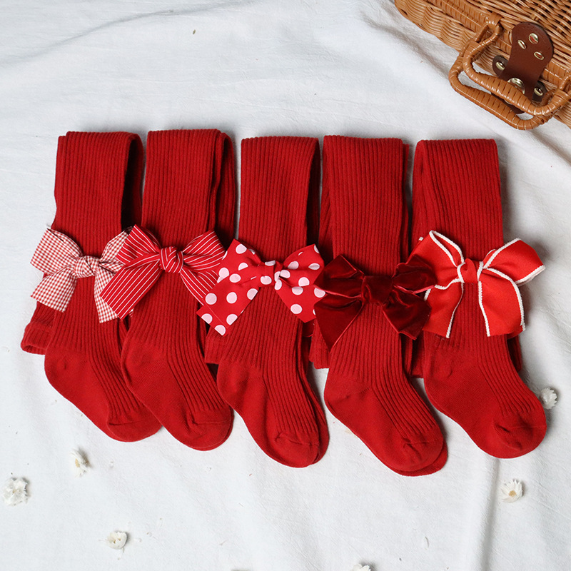 Leggings Pants Type Stretchy Elasticity Christmas Cute Solid Color Bowknot Cotton Pants & Leggings