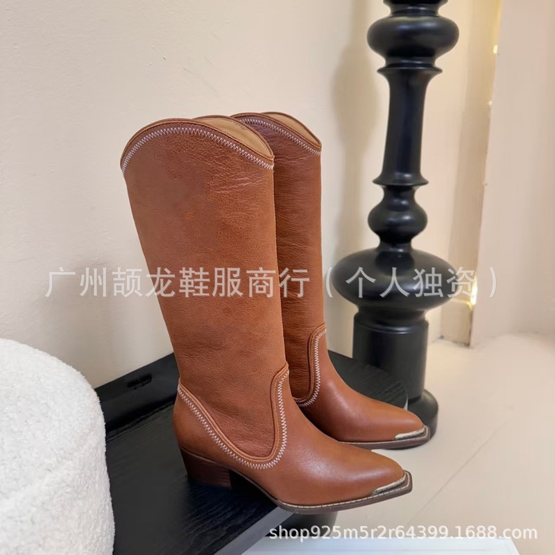高端品质2025秋冬真皮金属方头复古粗高跟高筒骑士靴不过膝长靴女|undefined