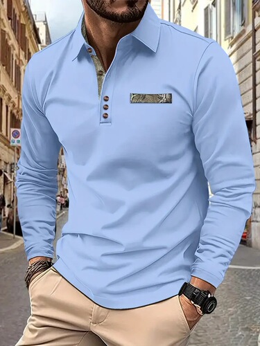 Wish Spring and Autumn New Men's Casual Button-Down Pocket Polo Shirt in Solid Color and Long Sleeve
