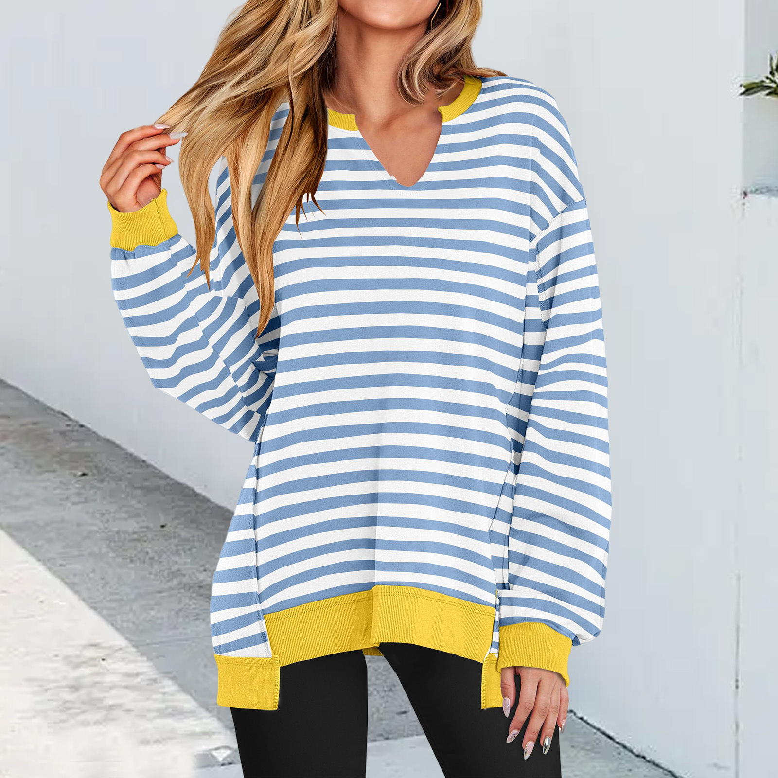 Amazon 2025 European and American Cross-Border Export Autumn and Winter New Colorful Stripesd V Neck Loose Sweatshirt Sweatshirt for Women