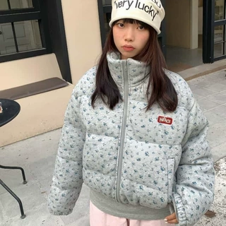 2026年女冬新款小碎花立领短款棉服美式加厚保暖棉衣面包服外套潮