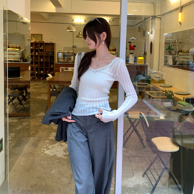 好美镂空v领长袖羊毛针织衫女装美式2025早秋季新款单穿薄款上衣|undefined