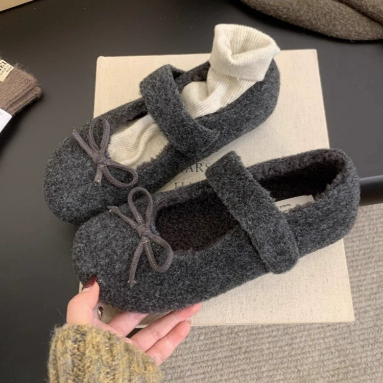 Женские туфли Mary Jane с бантиком, серая плюшевая модель Birkenstock, мелкая балетка-слипон с пушистым верхом