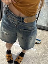 大码美式牛仔短裤女夏季2025新款夏天中裤胖mm显瘦高腰破洞五分裤