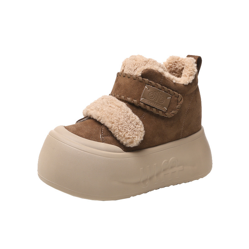 Giày boot nữ cổ cao lót lông cừu đế dày tăng chiều cao, dán Velcro — màu đen