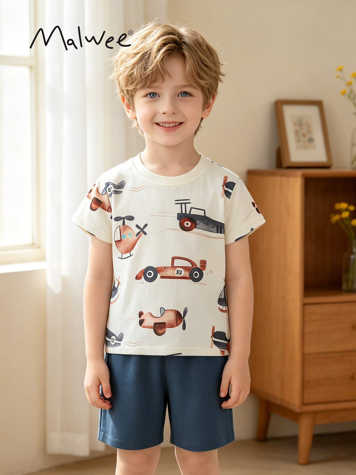 Malwee ropa para niños de verano nuevo estilo de manga corta Europa y los Estados Unidos niños de cuello redondo pantalones casuales para niños dos conjuntos