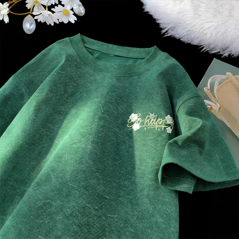 240 グラムヘビーウェイトサンドウォッシュアイスシルク半袖 Tシャツボーイズ夏のトレンディなブランド刺繍テンセル半袖ルーズラウンドネック Tシャツ|undefined